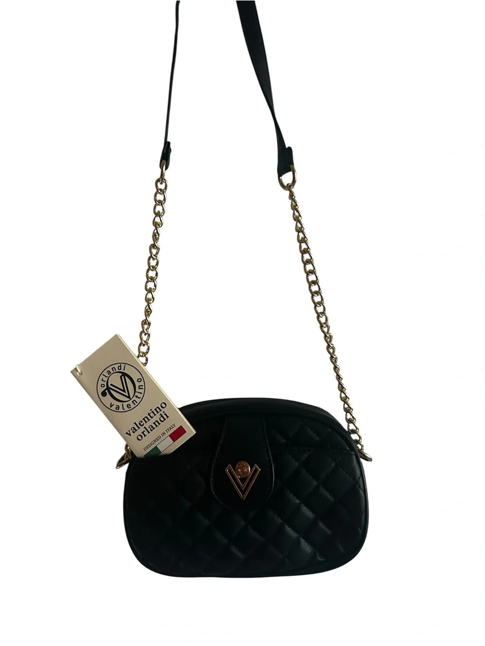 Valentino Orlandi Black Quilted Crossbody with Gold Hardware